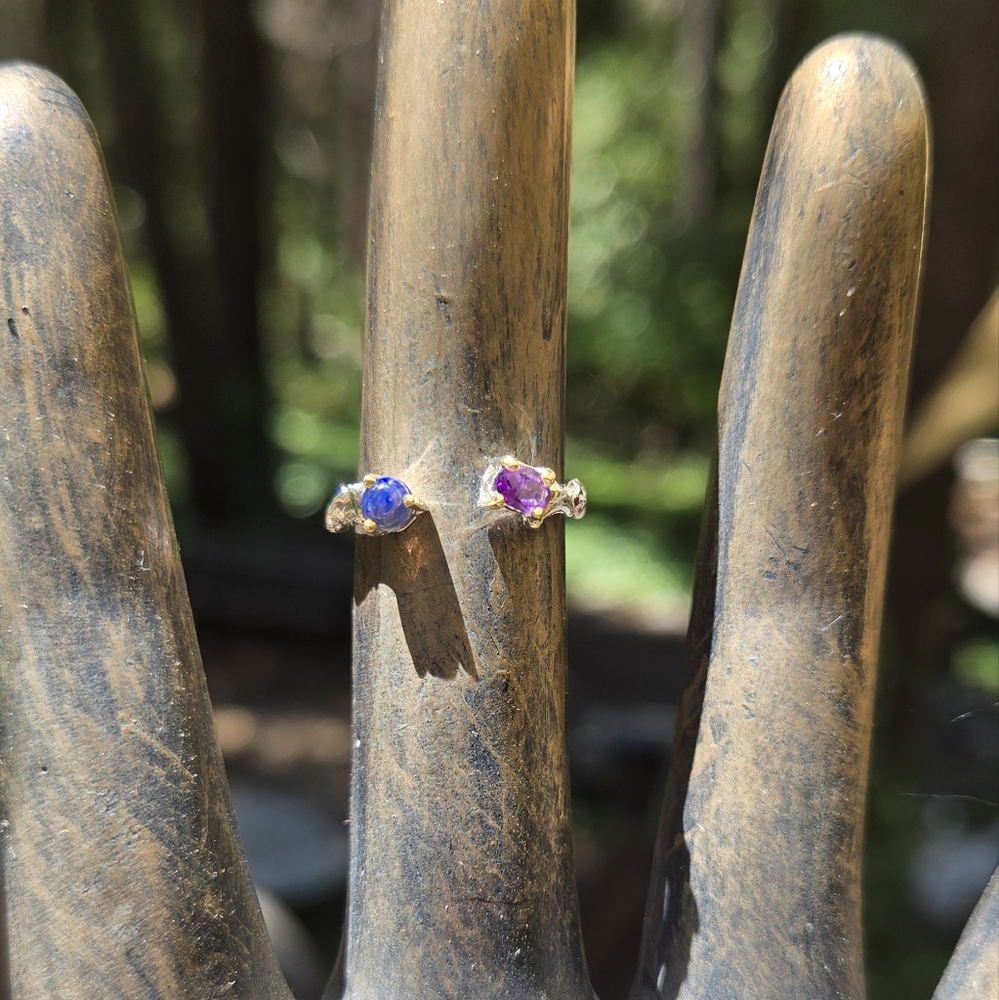 Opal & Amethyst Gemstone Sterling & Gold Ring Sz6 Adjustble - Picture 4 of 11